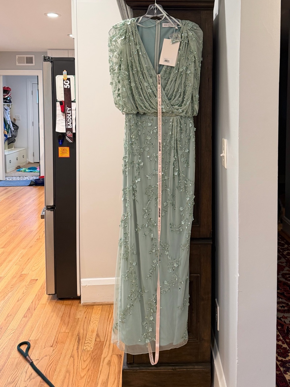 Mac Duggal Sage Green Beaded V-Neck Maxi Gown